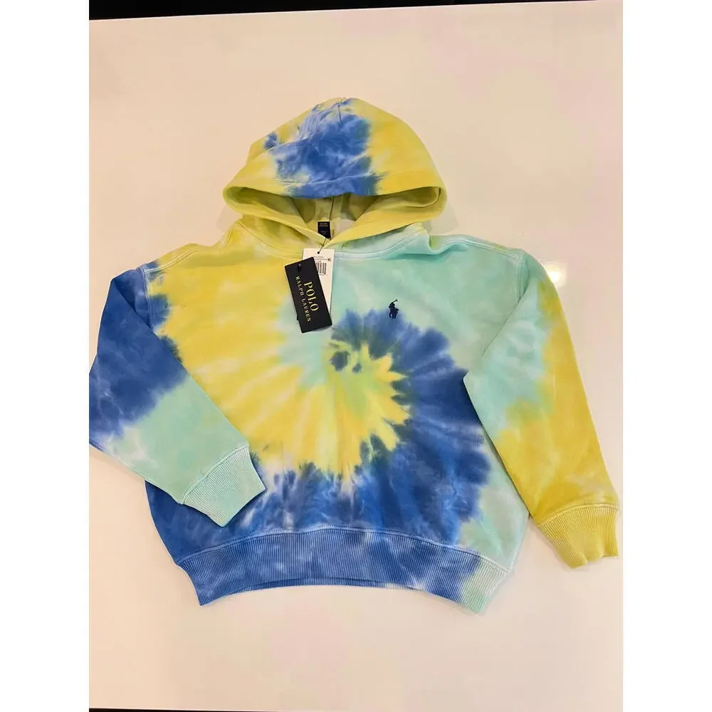 POLO RALPH LAUREN GIRLS YELLOW BLLUE SPIRAL TIE DYE TERRY HOODIE SIZE 7 SMALL